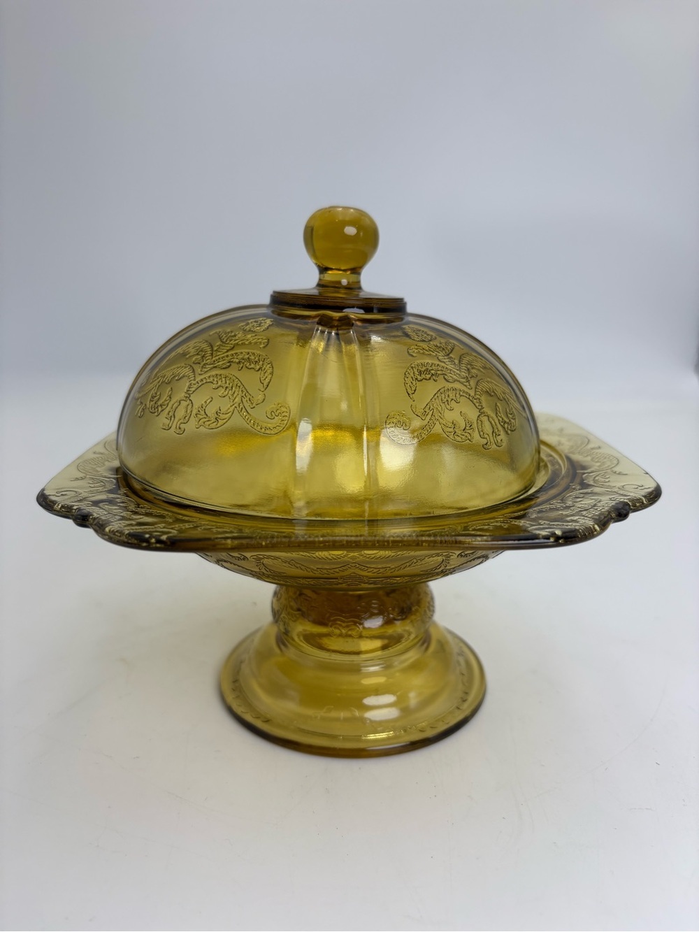Rare Yellow/Amber Federal Glass Madrid/Recollection Covered Candy Pedestal Dish